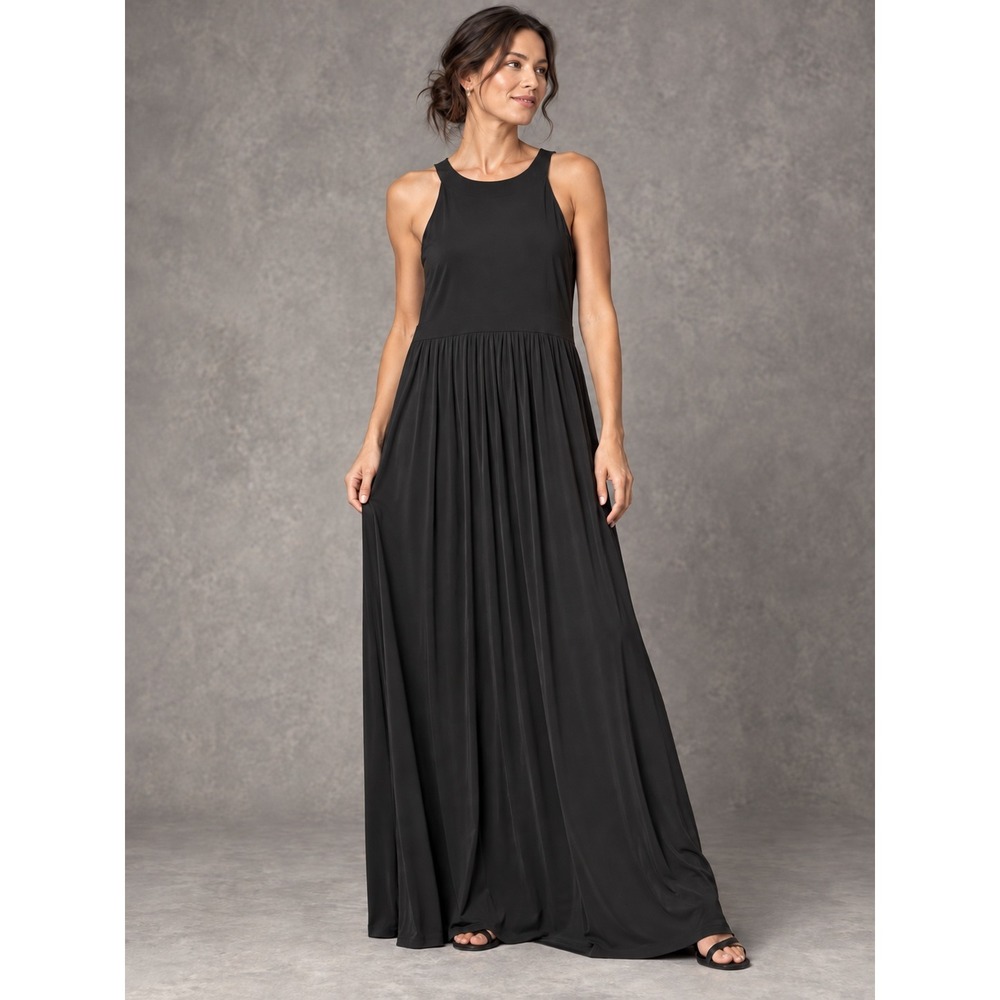 Eileen Fisher Silk Jersey Maxi Dress Black High Neck Empire Waist Minimalist S